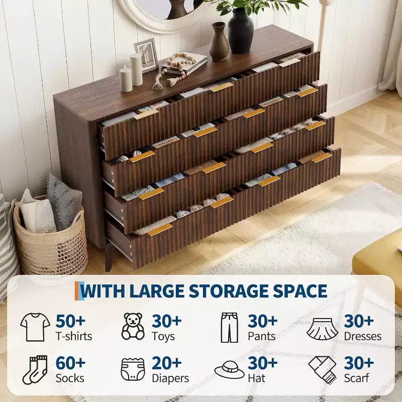 9 Drawers Dresser, 54 Wide Modern Chest of Drawers with Faux Marble Top, Large Dresser TV Stand, Wood Drawer Organizer for Living Room, Natural Oak