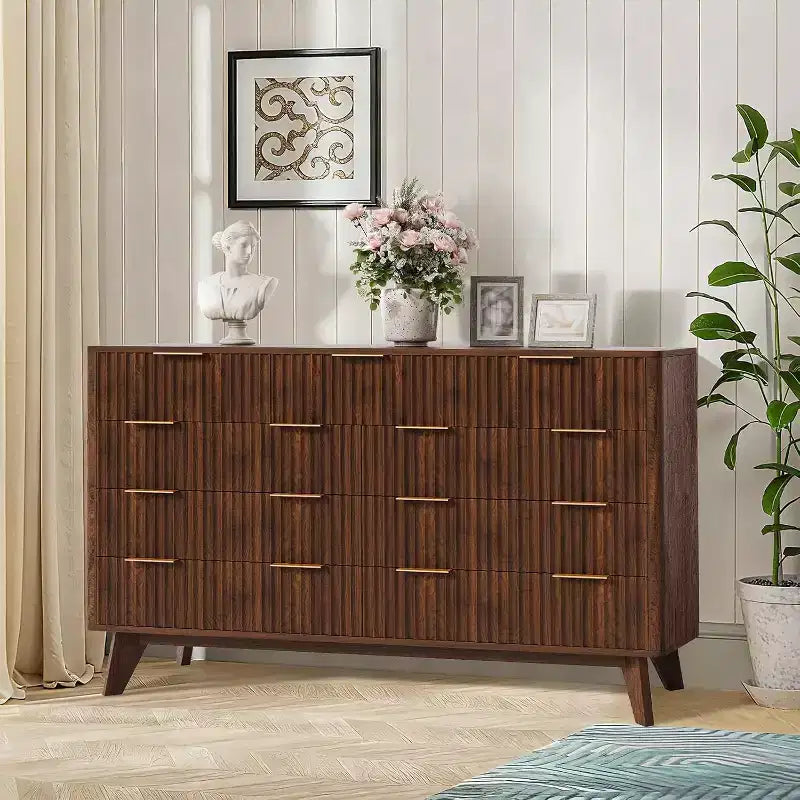 9 Drawers Dresser, 54 Wide Modern Chest of Drawers with Faux Marble Top, Large Dresser TV Stand, Wood Drawer Organizer for Living Room, Natural Oak