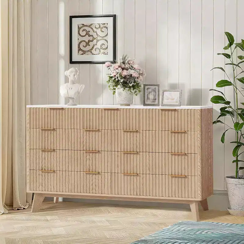 9 Drawers Dresser, 54 Wide Modern Chest of Drawers with Faux Marble Top, Large Dresser TV Stand, Wood Drawer Organizer for Living Room, Natural Oak