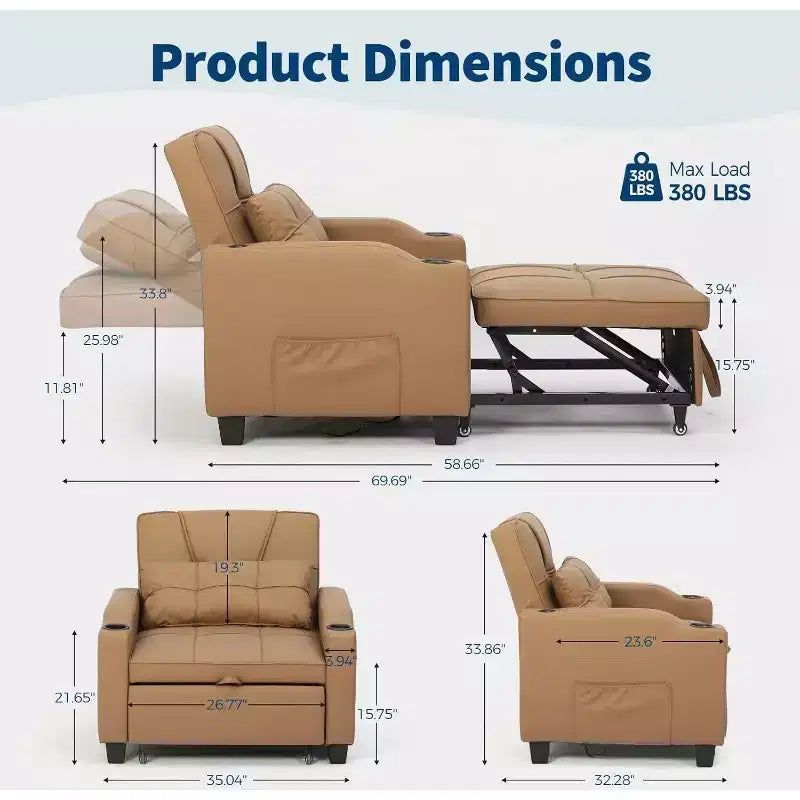 Garvee 3-in-1 Convertible Sleeper Chair Bed - Sofa Bed with Adjustable Backrest, USB Charging, Cup Holders & Side Pockets,for Living Rooms & Bedrooms