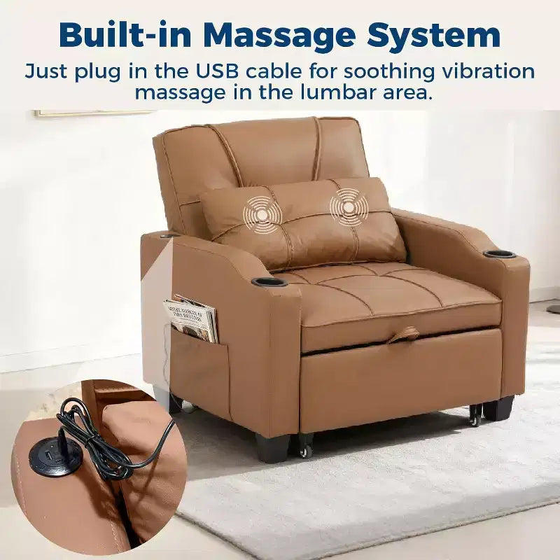 Garvee 3-in-1 Convertible Sleeper Chair Bed - Sofa Bed with Adjustable Backrest, USB Charging, Cup Holders & Side Pockets,for Living Rooms & Bedrooms