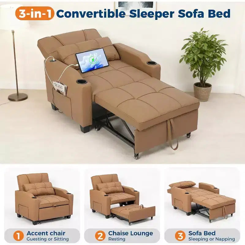 Garvee 3-in-1 Convertible Sleeper Chair Bed - Sofa Bed with Adjustable Backrest, USB Charging, Cup Holders & Side Pockets,for Living Rooms & Bedrooms
