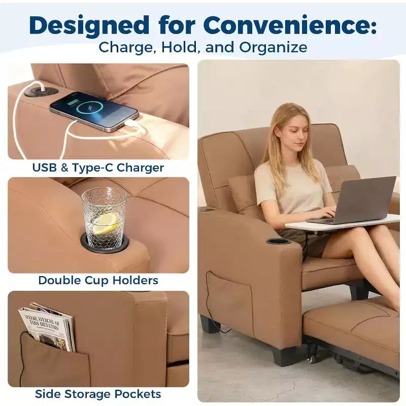 Garvee 3-in-1 Convertible Sleeper Chair Bed - Sofa Bed with Adjustable Backrest, USB Charging, Cup Holders & Side Pockets,for Living Rooms & Bedrooms