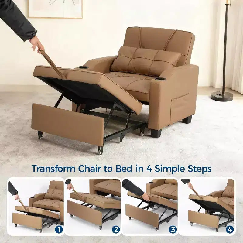Garvee 3-in-1 Convertible Sleeper Chair Bed - Sofa Bed with Adjustable Backrest, USB Charging, Cup Holders & Side Pockets,for Living Rooms & Bedrooms