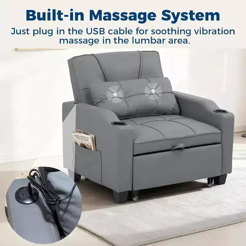 Garvee 3-in-1 Convertible Sleeper Chair Bed - Sofa Bed with Adjustable Backrest, USB Charging, Cup Holders & Side Pockets,for Living Rooms & Bedrooms