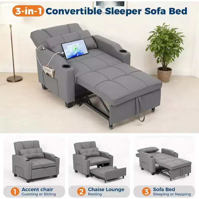 Garvee 3-in-1 Convertible Sleeper Chair Bed - Sofa Bed with Adjustable Backrest, USB Charging, Cup Holders & Side Pockets,for Living Rooms & Bedrooms