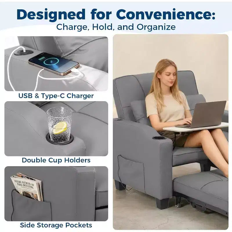 Garvee 3-in-1 Convertible Sleeper Chair Bed - Sofa Bed with Adjustable Backrest, USB Charging, Cup Holders & Side Pockets,for Living Rooms & Bedrooms