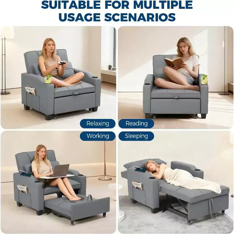 Garvee 3-in-1 Convertible Sleeper Chair Bed - Sofa Bed with Adjustable Backrest, USB Charging, Cup Holders & Side Pockets,for Living Rooms & Bedrooms