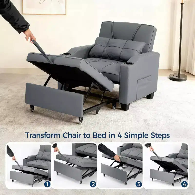 Garvee 3-in-1 Convertible Sleeper Chair Bed - Sofa Bed with Adjustable Backrest, USB Charging, Cup Holders & Side Pockets,for Living Rooms & Bedrooms