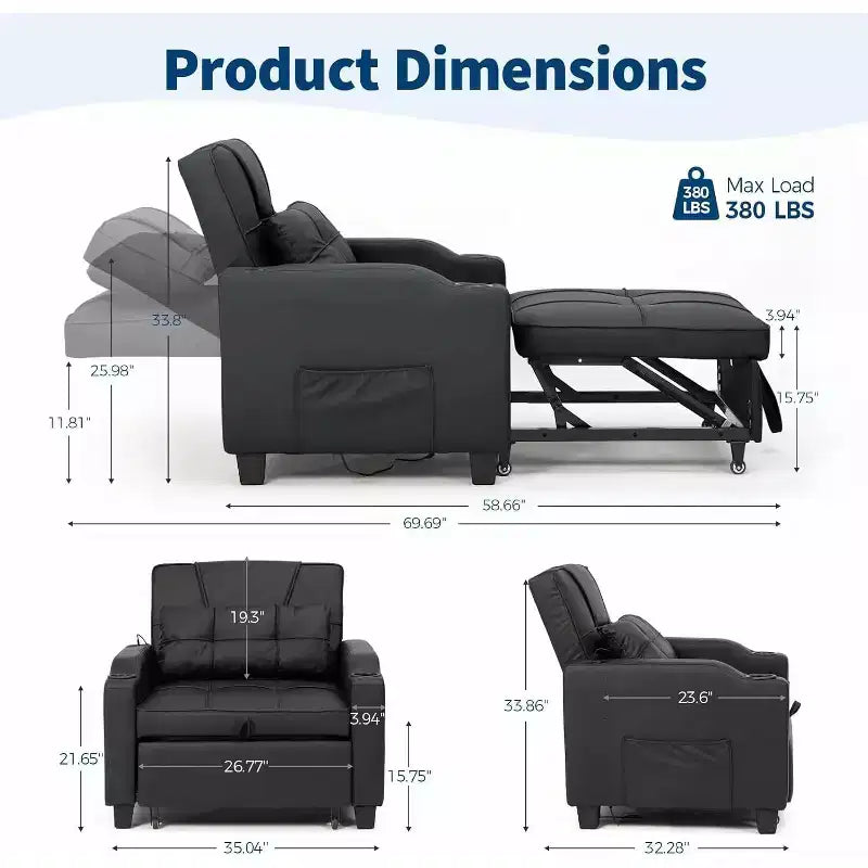 Garvee 3-in-1 Convertible Sleeper Chair Bed - Sofa Bed with Adjustable Backrest, USB Charging, Cup Holders & Side Pockets,for Living Rooms & Bedrooms