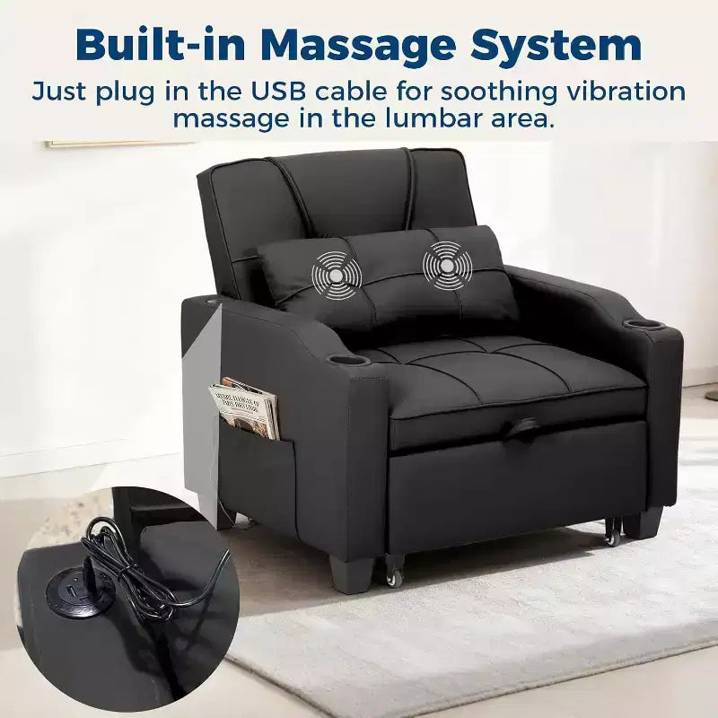 Garvee 3-in-1 Convertible Sleeper Chair Bed - Sofa Bed with Adjustable Backrest, USB Charging, Cup Holders & Side Pockets,for Living Rooms & Bedrooms