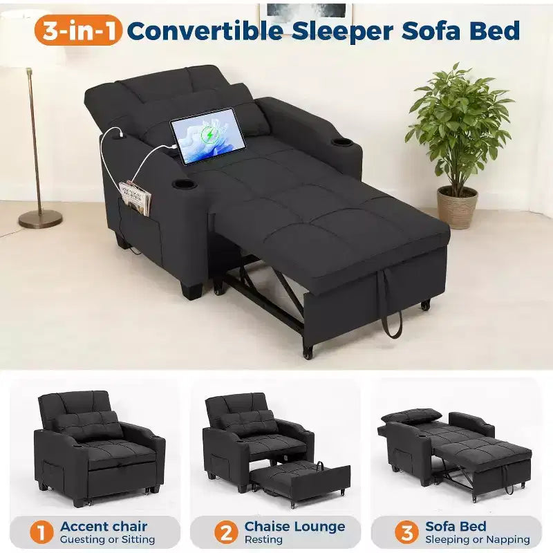 Garvee 3-in-1 Convertible Sleeper Chair Bed - Sofa Bed with Adjustable Backrest, USB Charging, Cup Holders & Side Pockets,for Living Rooms & Bedrooms