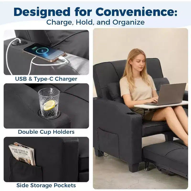 Garvee 3-in-1 Convertible Sleeper Chair Bed - Sofa Bed with Adjustable Backrest, USB Charging, Cup Holders & Side Pockets,for Living Rooms & Bedrooms