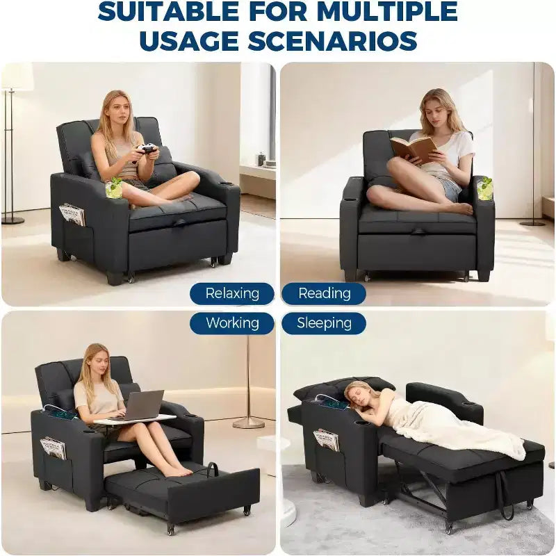Garvee 3-in-1 Convertible Sleeper Chair Bed - Sofa Bed with Adjustable Backrest, USB Charging, Cup Holders & Side Pockets,for Living Rooms & Bedrooms