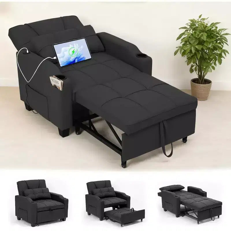 Garvee 3-in-1 Convertible Sleeper Chair Bed - Sofa Bed with Adjustable Backrest, USB Charging, Cup Holders & Side Pockets,for Living Rooms & Bedrooms