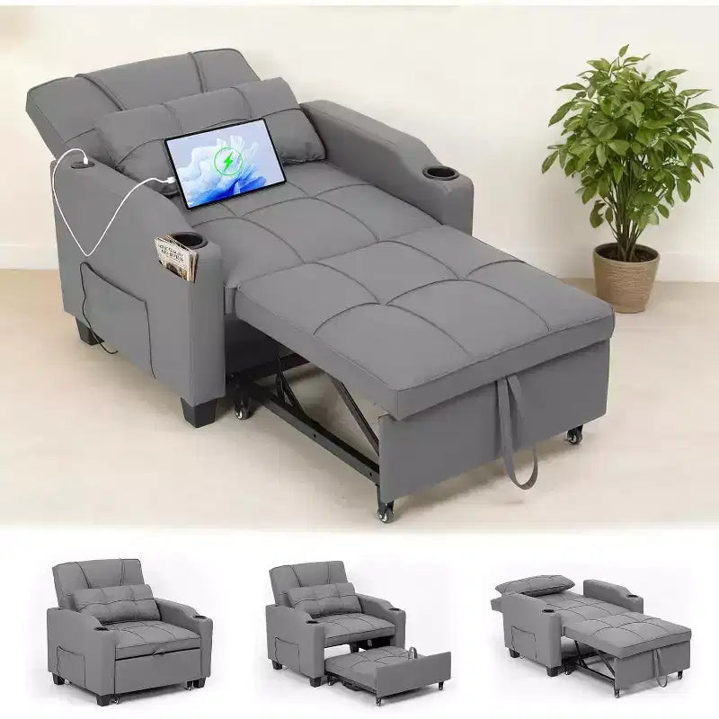 Garvee 3-in-1 Convertible Sleeper Chair Bed - Sofa Bed with Adjustable Backrest, USB Charging, Cup Holders & Side Pockets,for Living Rooms & Bedrooms