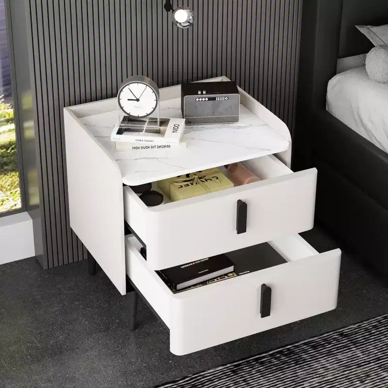 Nightstand with 2 Drawers & Marble-Pattern Tabletop, Modern Beside Table for Bedroom, End Table for Living Room Office
