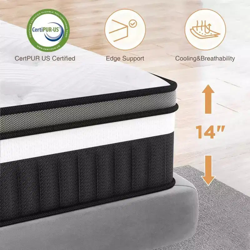 14 Inch Queen Hybrid Mattress in a Box, Anti Static, Medium Firm, Cooling Breathable Gel Memory Foam, CertiPUR-US Certified, White