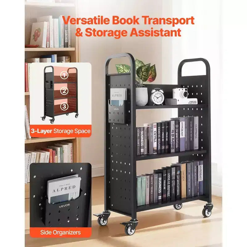 3-Tier Rolling Library Book Cart, 330 lbs Capacity with Lockable Wheels for Home Office School