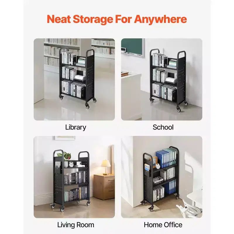 3-Tier Rolling Library Book Cart, 330 lbs Capacity with Lockable Wheels for Home Office School