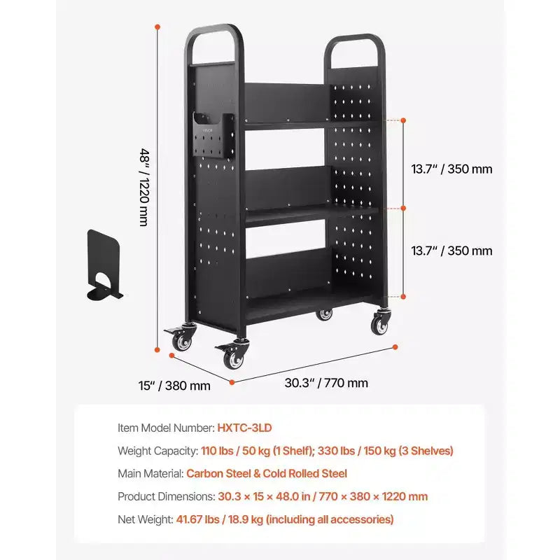 3-Tier Rolling Library Book Cart, 330 lbs Capacity with Lockable Wheels for Home Office School