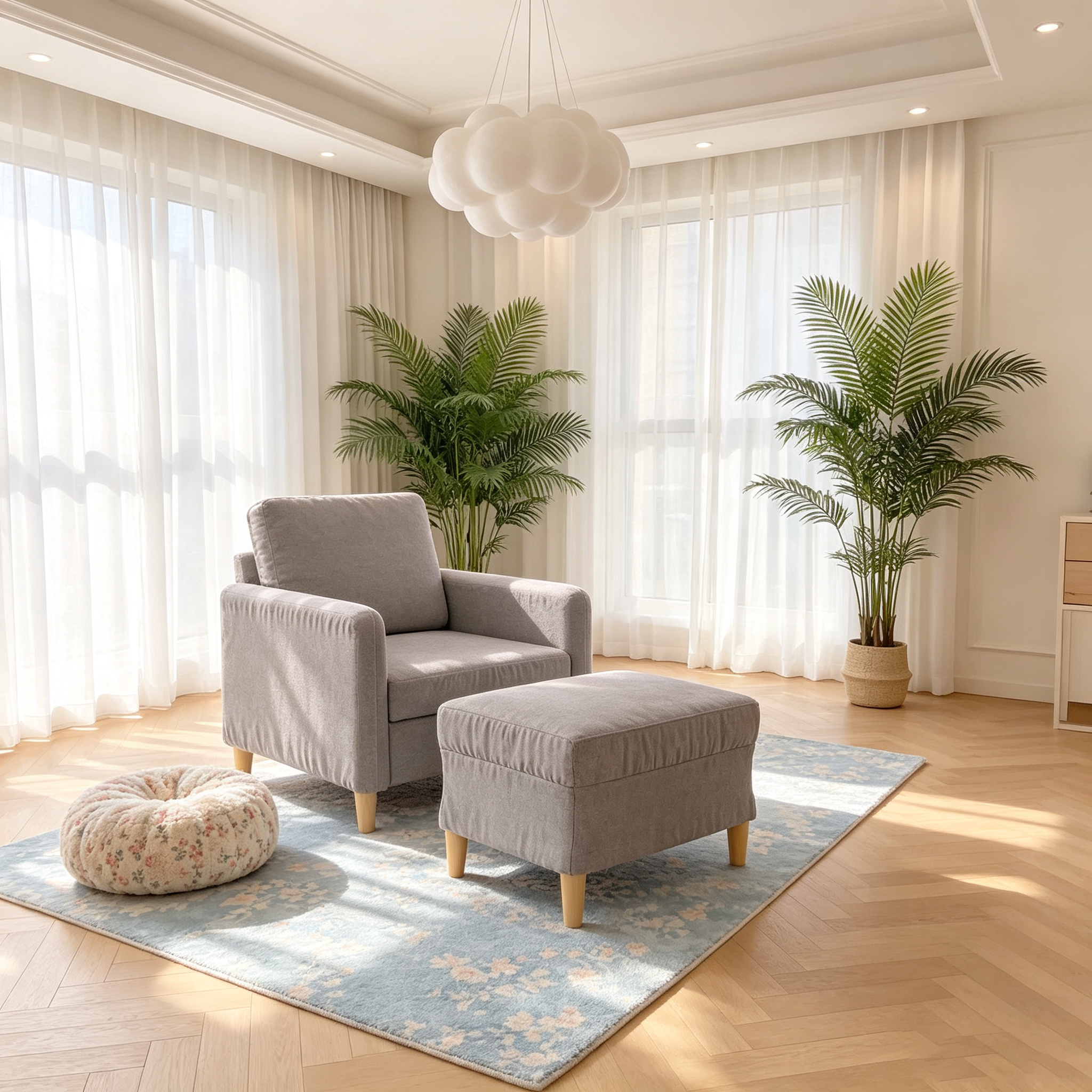 Fauteuil de salon individuel en tissu avec repose-pieds