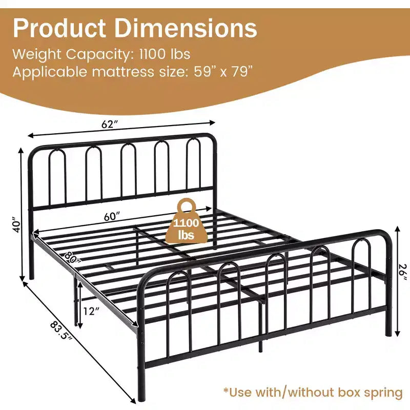 Costway Stylish Queen Size Metal Bed Frame Platform Bed Base w/ Headboard & Footboard