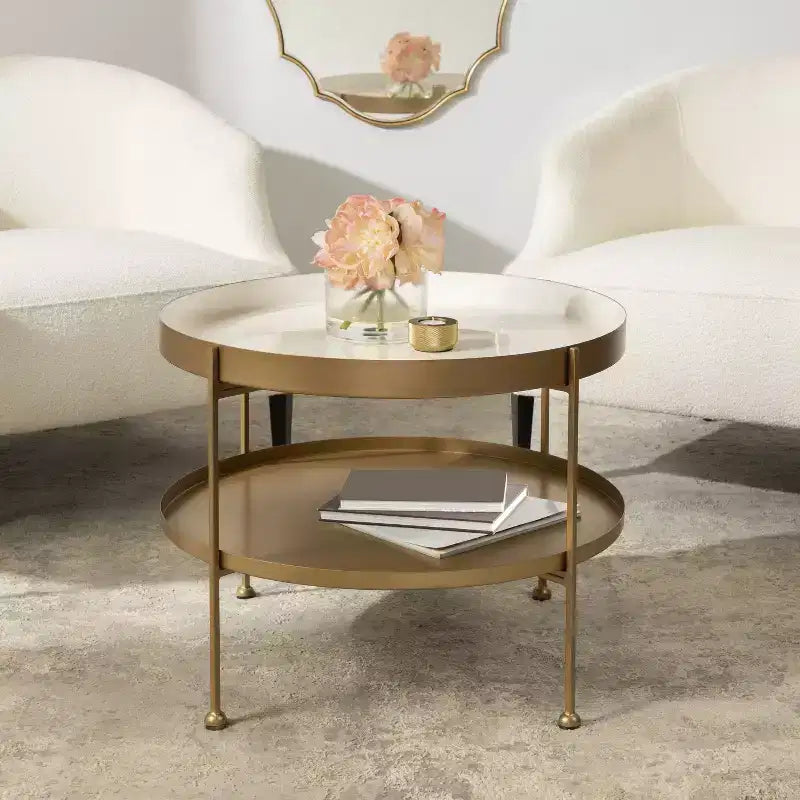 Kate and Laurel Nira Round Metal Coffee Table, 26 Diameter, White and Gold