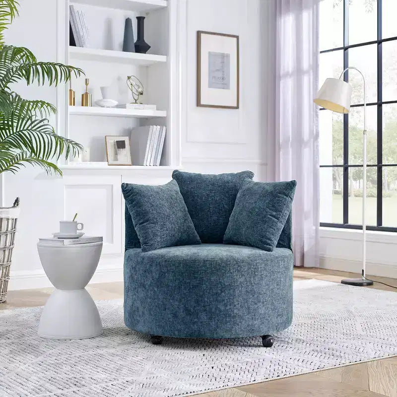 Button Tufted Living Room Upholstered Swivel Chair with Movable Wheels and 3 Pillows - ModernLuxe