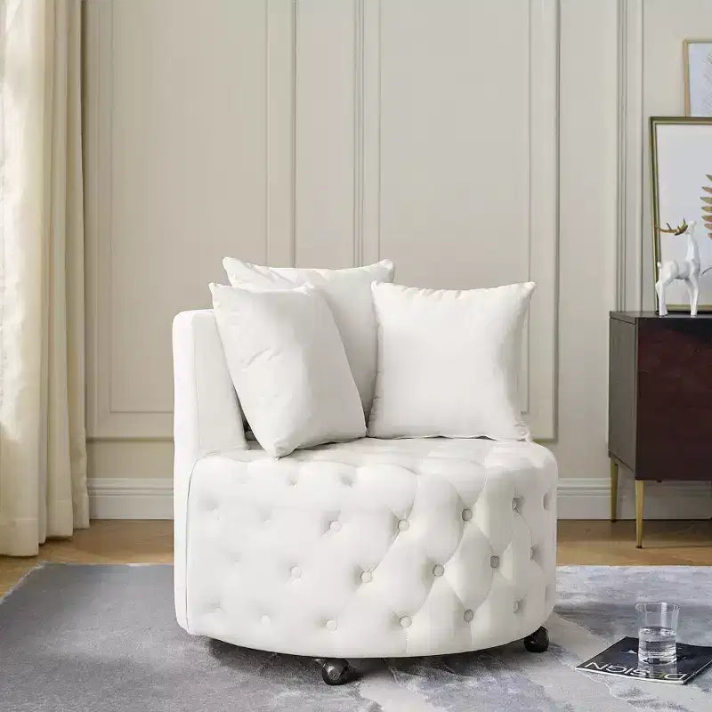 Button Tufted Living Room Upholstered Swivel Chair with Movable Wheels and 3 Pillows - ModernLuxe