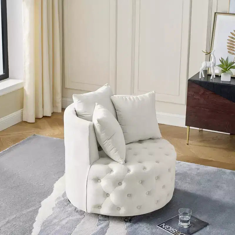 Button Tufted Living Room Upholstered Swivel Chair with Movable Wheels and 3 Pillows - ModernLuxe