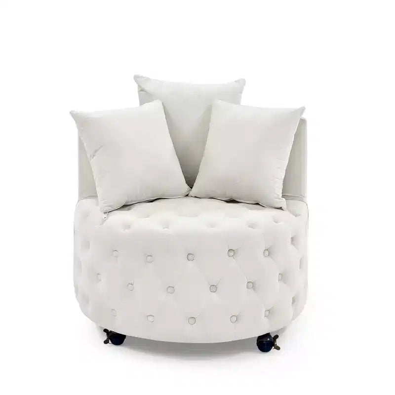Button Tufted Living Room Upholstered Swivel Chair with Movable Wheels and 3 Pillows - ModernLuxe