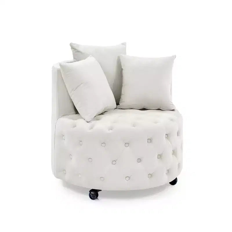 Button Tufted Living Room Upholstered Swivel Chair with Movable Wheels and 3 Pillows - ModernLuxe