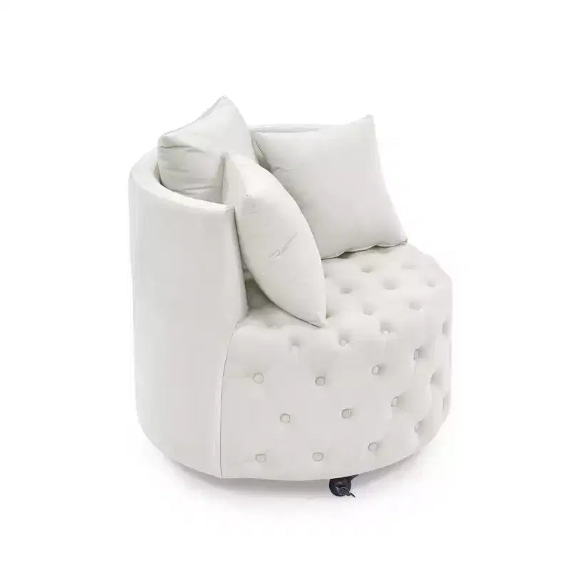Button Tufted Living Room Upholstered Swivel Chair with Movable Wheels and 3 Pillows - ModernLuxe