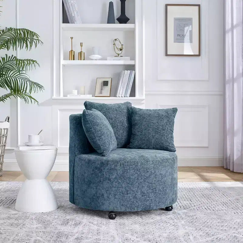 Button Tufted Living Room Upholstered Swivel Chair with Movable Wheels and 3 Pillows - ModernLuxe