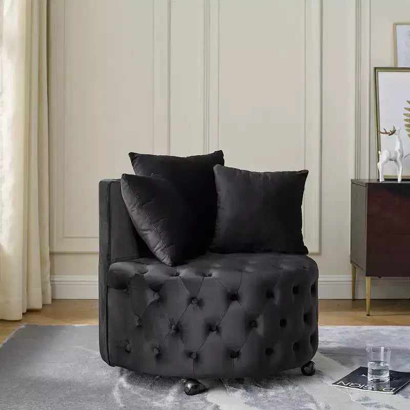 Button Tufted Living Room Upholstered Swivel Chair with Movable Wheels and 3 Pillows - ModernLuxe