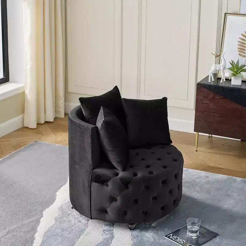 Button Tufted Living Room Upholstered Swivel Chair with Movable Wheels and 3 Pillows - ModernLuxe