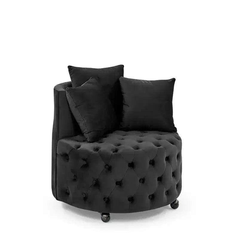 Button Tufted Living Room Upholstered Swivel Chair with Movable Wheels and 3 Pillows - ModernLuxe