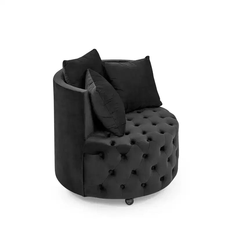 Button Tufted Living Room Upholstered Swivel Chair with Movable Wheels and 3 Pillows - ModernLuxe