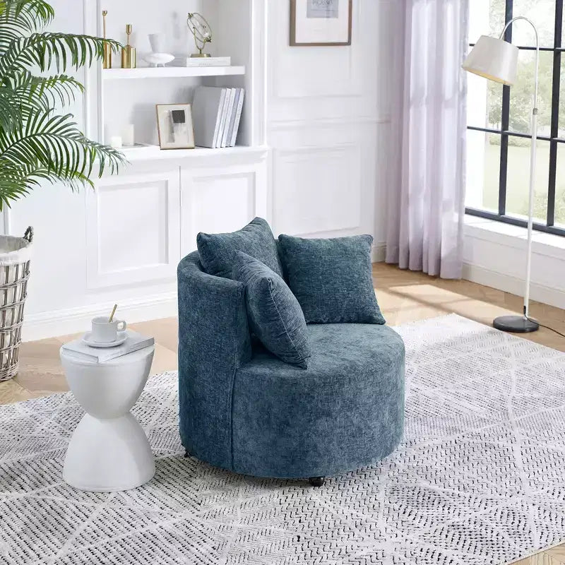 Button Tufted Living Room Upholstered Swivel Chair with Movable Wheels and 3 Pillows - ModernLuxe