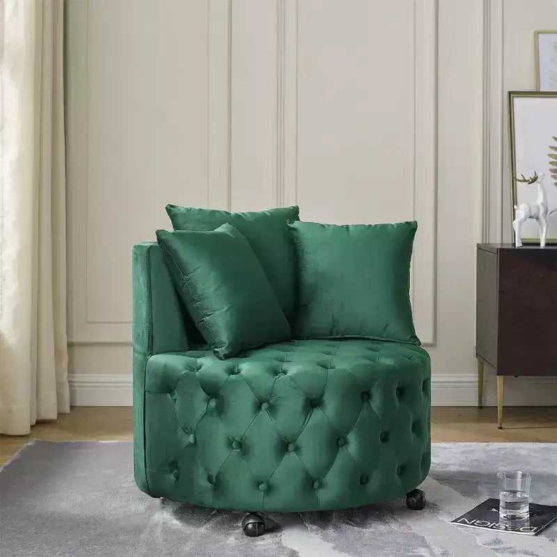 Button Tufted Living Room Upholstered Swivel Chair with Movable Wheels and 3 Pillows - ModernLuxe