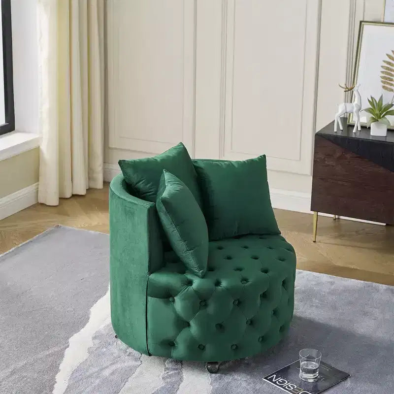 Button Tufted Living Room Upholstered Swivel Chair with Movable Wheels and 3 Pillows - ModernLuxe