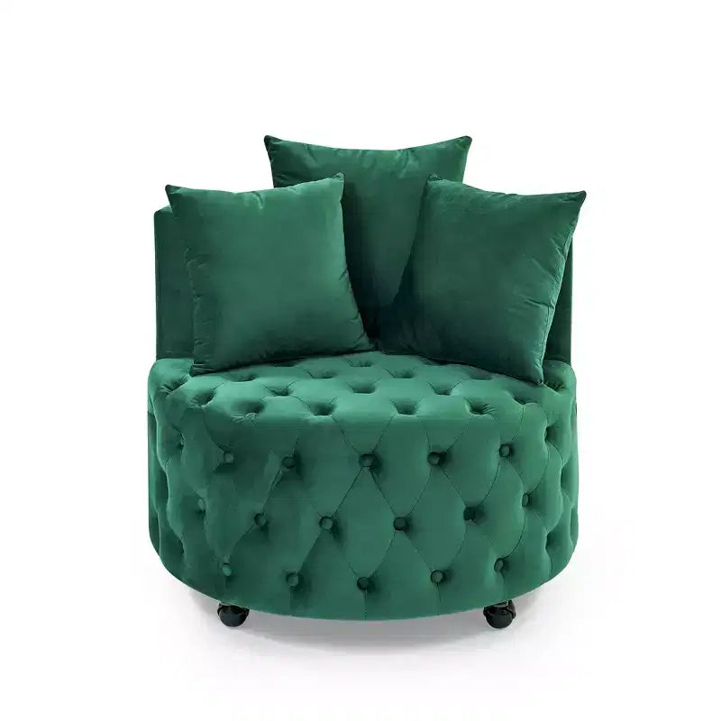 Button Tufted Living Room Upholstered Swivel Chair with Movable Wheels and 3 Pillows - ModernLuxe