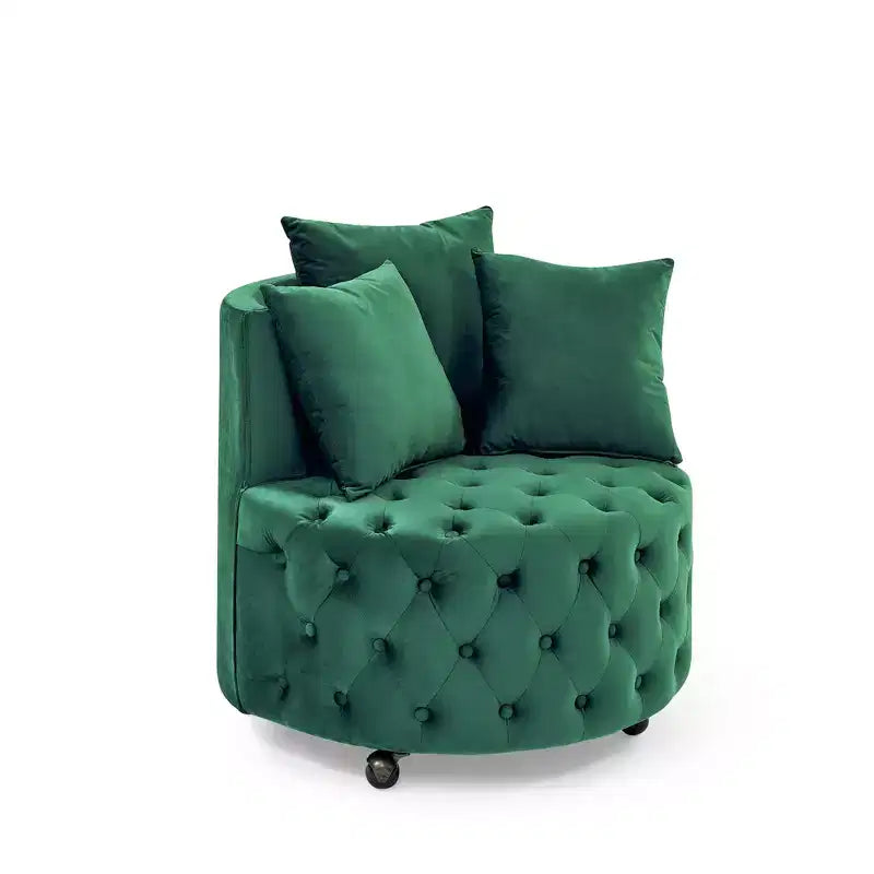 Button Tufted Living Room Upholstered Swivel Chair with Movable Wheels and 3 Pillows - ModernLuxe