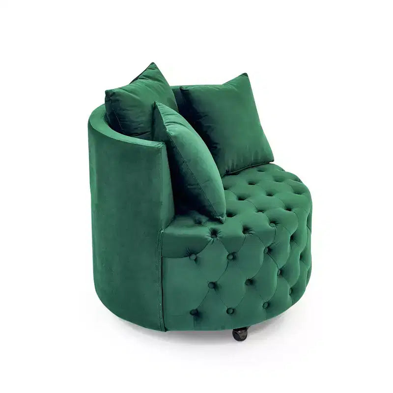 Button Tufted Living Room Upholstered Swivel Chair with Movable Wheels and 3 Pillows - ModernLuxe