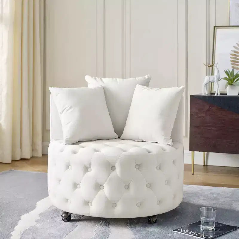 Button Tufted Living Room Upholstered Swivel Chair with Movable Wheels and 3 Pillows - ModernLuxe