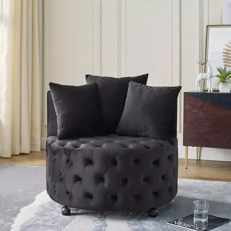 Button Tufted Living Room Upholstered Swivel Chair with Movable Wheels and 3 Pillows - ModernLuxe