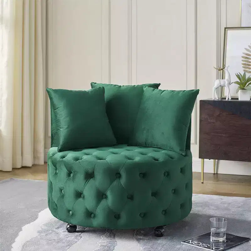 Button Tufted Living Room Upholstered Swivel Chair with Movable Wheels and 3 Pillows - ModernLuxe